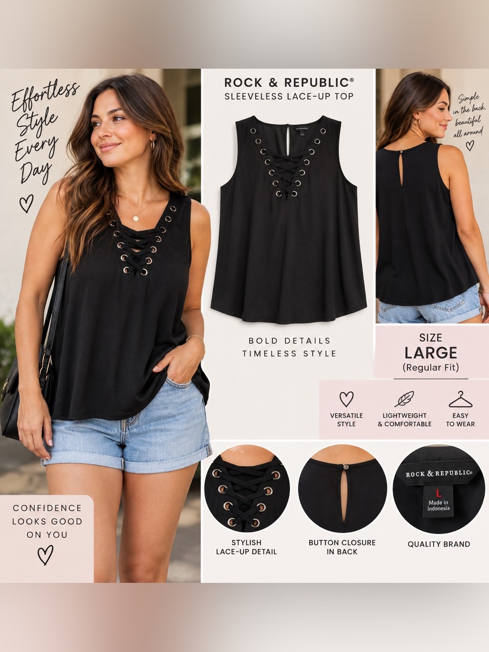 Rock & Republic Women’s Black Sleeveless V-Neck Lace-Up Grommet Blouse Top L